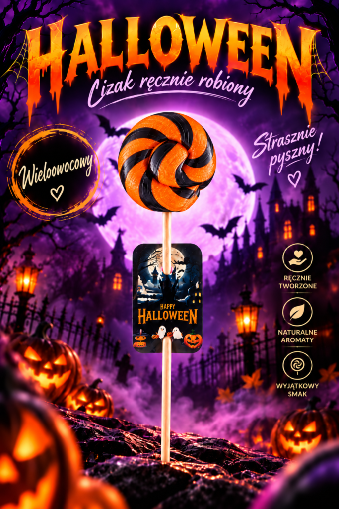 Lizak Halloween ręcznie robiony o smaku wieloowocowym z Manufaktury Cukierków bez laktozy glutenu i konserwantów