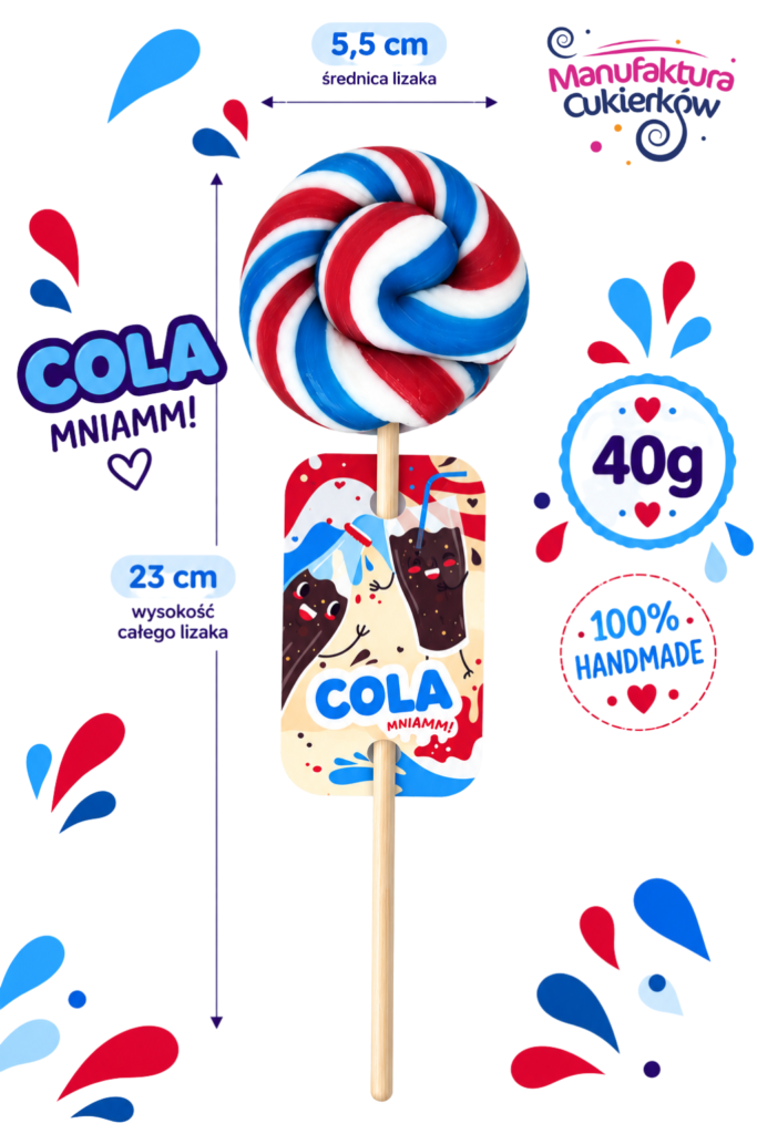 ręcznie kręcony lizak o smaku coli z Manufaktury Cukierków